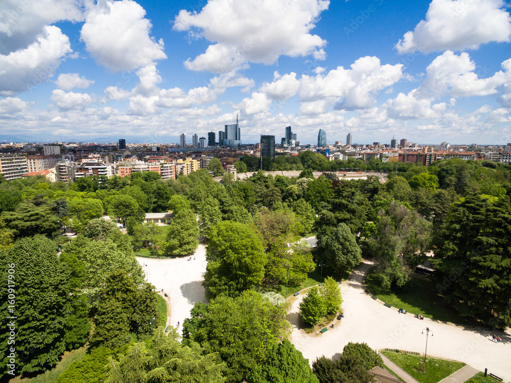 Aerial view of Sempione park in Milan, Italy