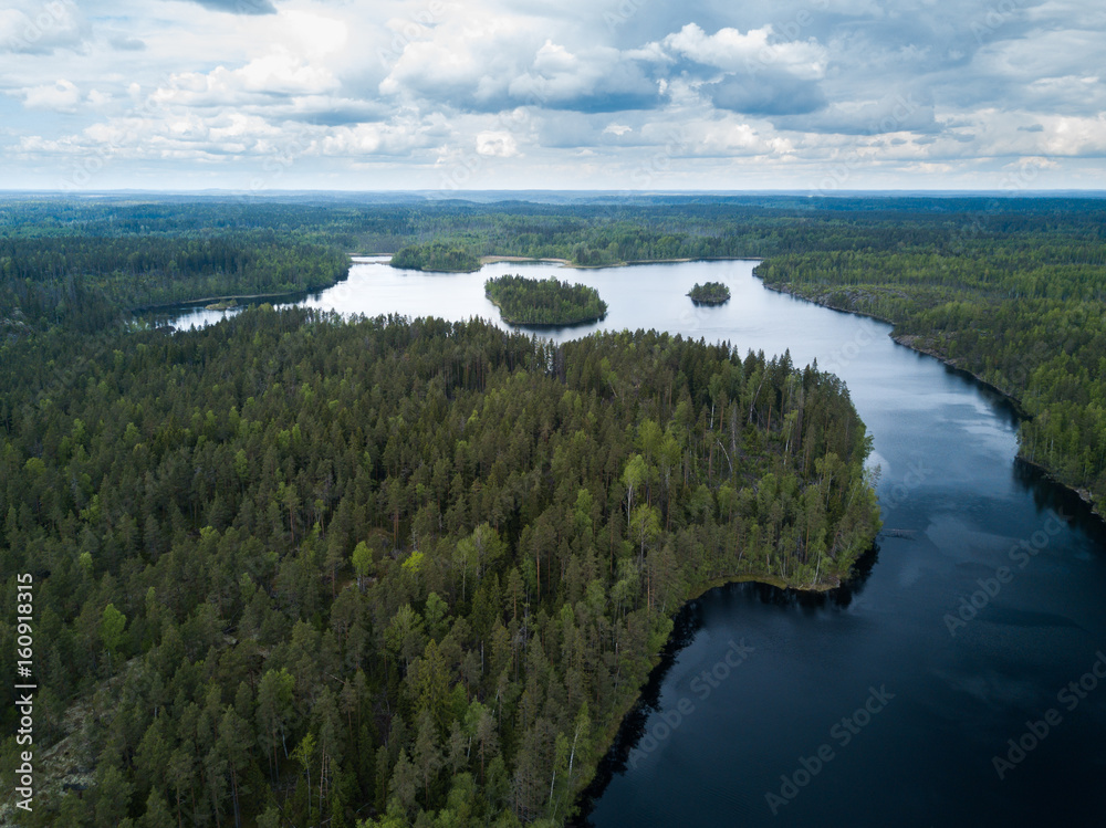 Lake with islands in the forest in Karelia