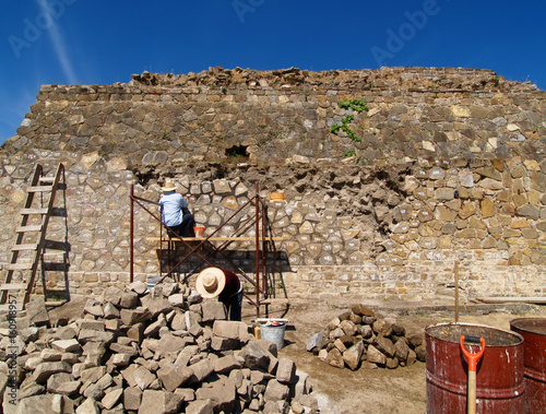 Builders restore the ancient pyramid in Mexico