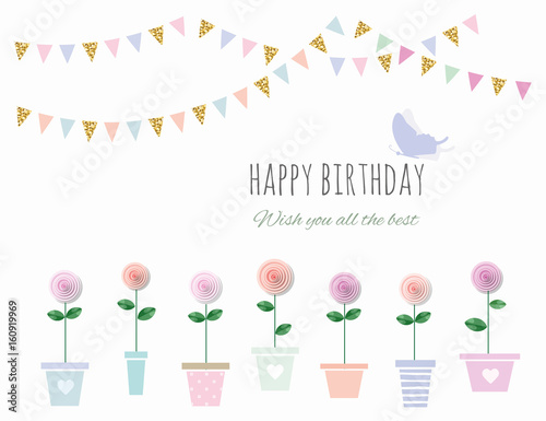 Birthday card with flowers and bunting flags.