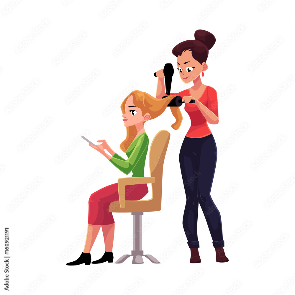 Hairdresser drying long hair of blond woman who uses smartphone, cartoon  vector illustration isolated on white background. Hairdresser woman drying  hair for her client with hairbrush and hair dryer Stock Vector |