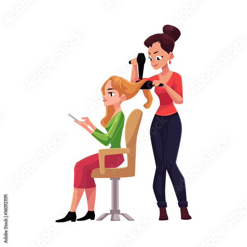 Hairdresser drying long hair of blond woman who uses smartphone, cartoon vector illustration isolated on white background. Hairdresser woman drying hair for her client with hairbrush and hair dryer