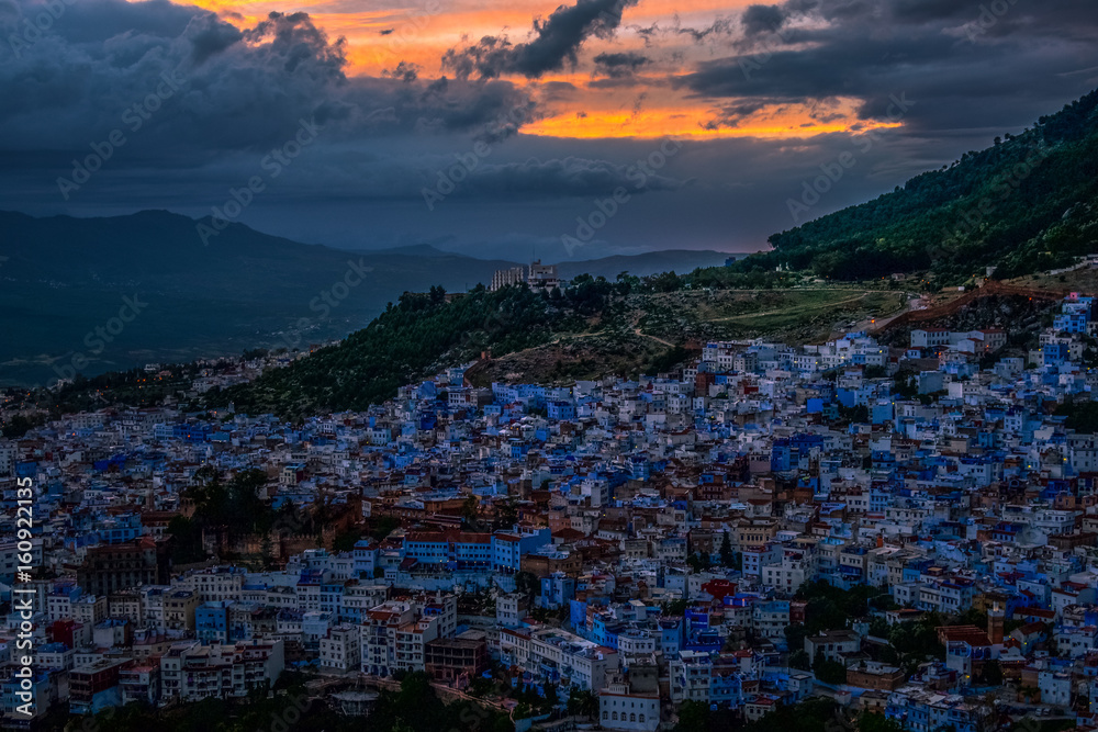 Beautiful city of Chefchaouen going into blue hour. 