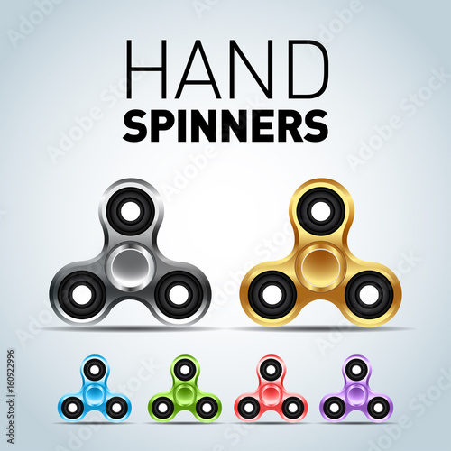 Silver, gold and color fidget spinners and text info. Fidget spinner isolated vector fashion illustration.