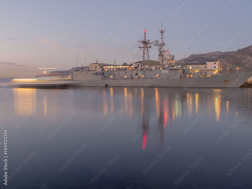 Navy ships in the port of Bergen at night
