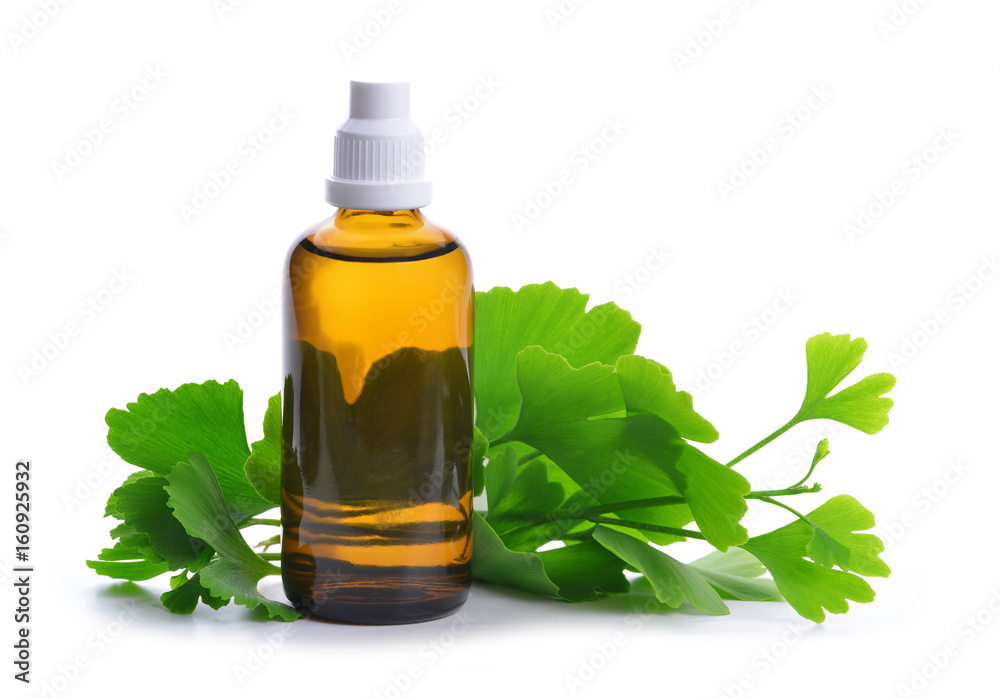 Extract from the ginkgo in bottle with green leaves isolated on a white background. Extract from the ginkgo in bottle with green leaves isolated on a white background.
