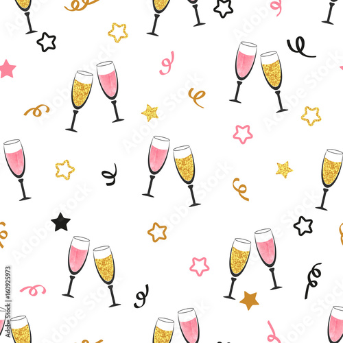 Celebration background with champagne glasses. Seamless Christmas or New Year vector pattern.