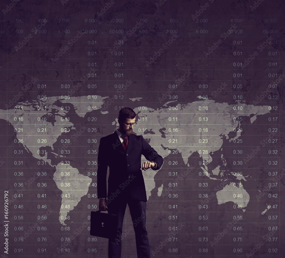 Businessman standing over diagram. World map background. Business, office, career concept. Businessman standing over diagram. World map background. Business, office, career concept.