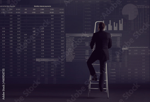 Businessman standing on stepladder.  Schematic background. Business and office  concept.