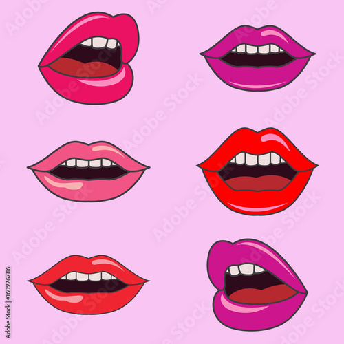 set of lips with colorful lipsticks. makeup and cosmetics, vector illustration