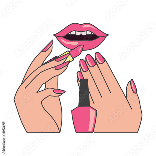 red lips and manicure nails . makeup and cosmetics, vector illustration