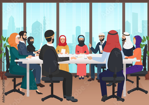 Arab business people discussing meeting modern office desk. Muslim conference flat cartoon vector Illustration.