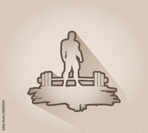 Bodybuilding and barbell outline silhouettes. Bodybuilder posing on grunge brush stroke.