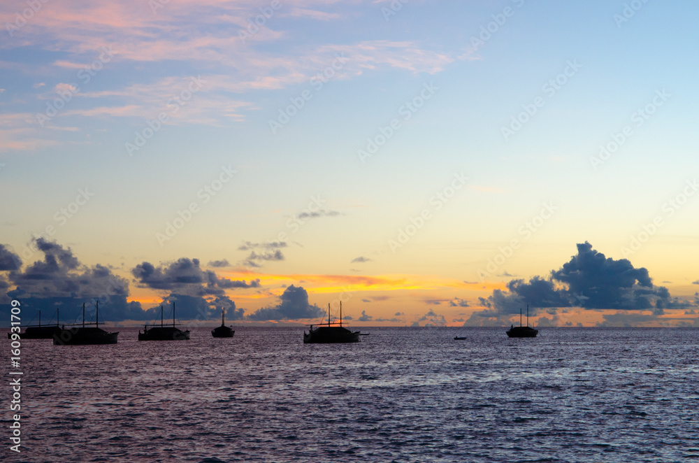 Evening scene of Indian Ocean with fisherman boats