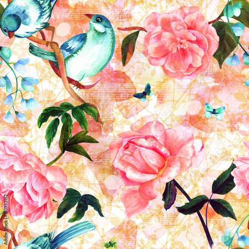 Seamless pattern with watercolor birds, flowers, and notes © laplateresca