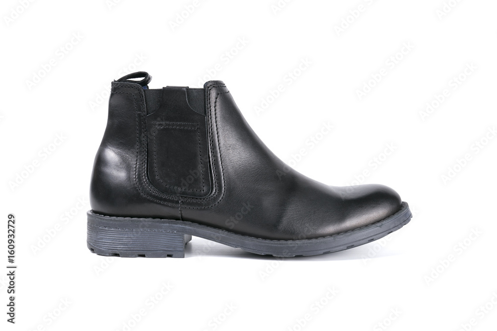Male Black Shoe on White Background, Isolated Product, Top View, Studio. Male Black Shoe on White Background, Isolated Product, Top View, Studio.