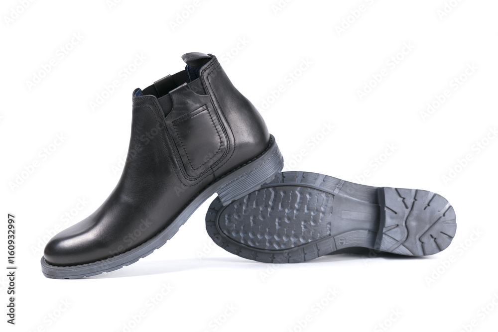 Male Black Shoe on White Background, Isolated Product, Top View, Studio. Male Black Shoe on White Background, Isolated Product, Top View, Studio.