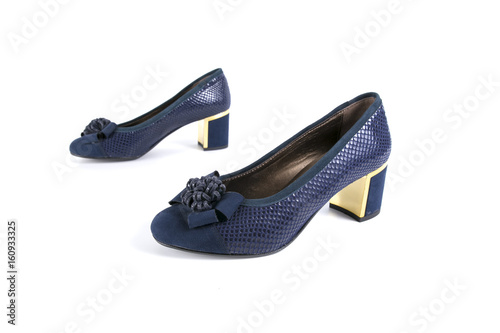 Female Blue Shoe on White Background, Isolated Product, Top View, Studio.