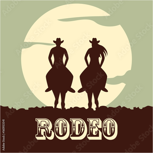 rodeo poster with cowboy and cowgirl silhouette riding on wild horse and bull. vector illustration