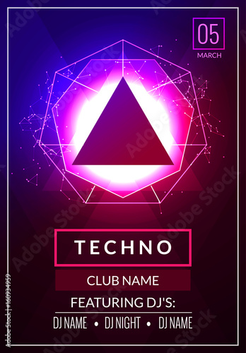 Techno music poster. Electronic club deep music. Musical event disco trance sound. Night party invitation. DJ flyer poster