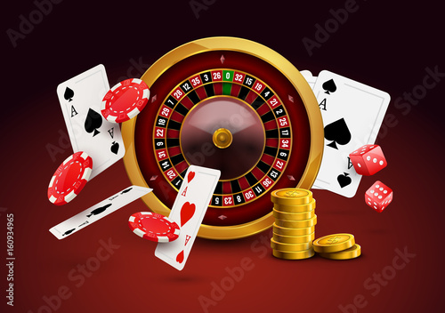 Casino roulette with chips, red dice realistic gambling poster banner. Casino vegas fortune roulette wheel design flyer