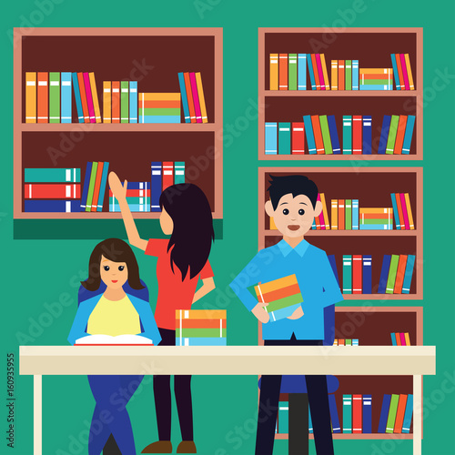 man and women in a library, working, reading a book. vector illustration