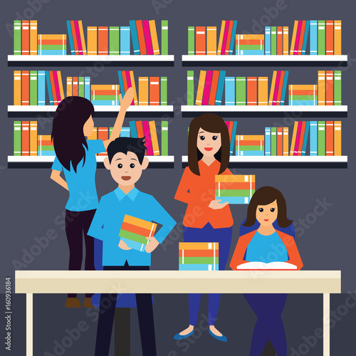 man and women in a library, working, reading a book. vector illustration