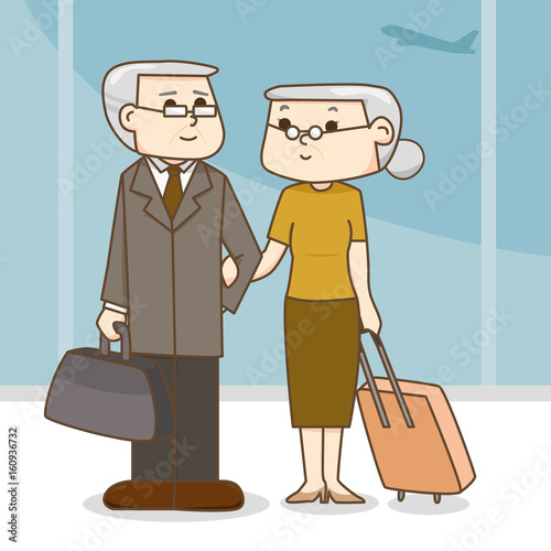 Old couple with a suitcase in the airport. cartoon illustration