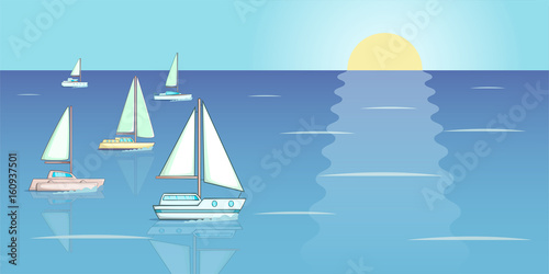 Yachts regatta banner horizontal, cartoon style