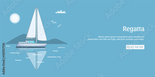 Regatta sail boat banner horizontal, cartoon style