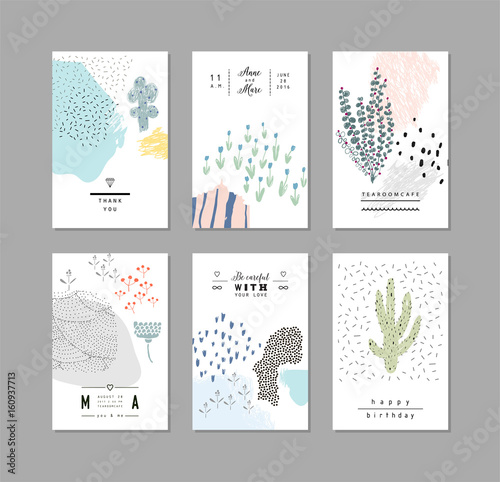 Set of artistic creative universal cards. Hand Drawn textures. Wedding, anniversary, birthday, Valentine's day, party. Design for poster, card, invitation, placard, brochure, flyer.  Vector.
