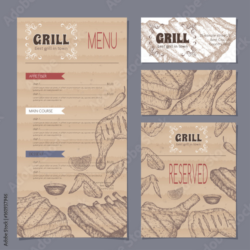 Vintage grill restaurant menu and stationery cards template with hand drawn sketch