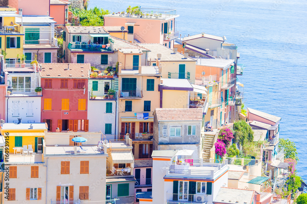 Closeup of beautiful and cozy village of Manarola in the Cinque Terre reserve. Most popular town on the Ligurian coast