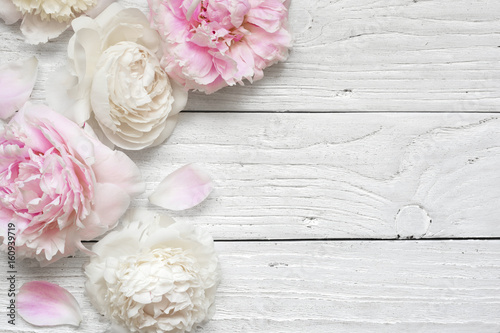 Fototapeta Naklejka Na Ścianę i Meble -  Wedding invitation or anniversary greeting card or Mother's Day card mockup decorated with pink and creamy peonies