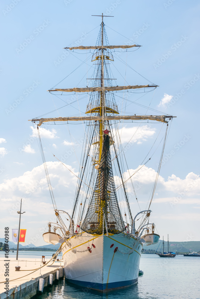 MONTENEGRO, TIVAT - MAY 27/2017: Porto Montenegro moored attraction - this is an unusual vintage yacht. MONTENEGRO, TIVAT - MAY 27/2017: Porto Montenegro moored attraction - this is an unusual vintage yacht.