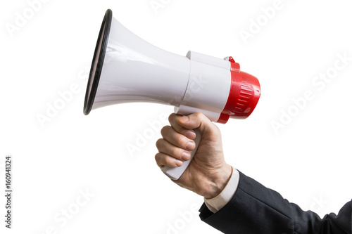Announcement concept. Hand holds megaphone. Isolated on white background.