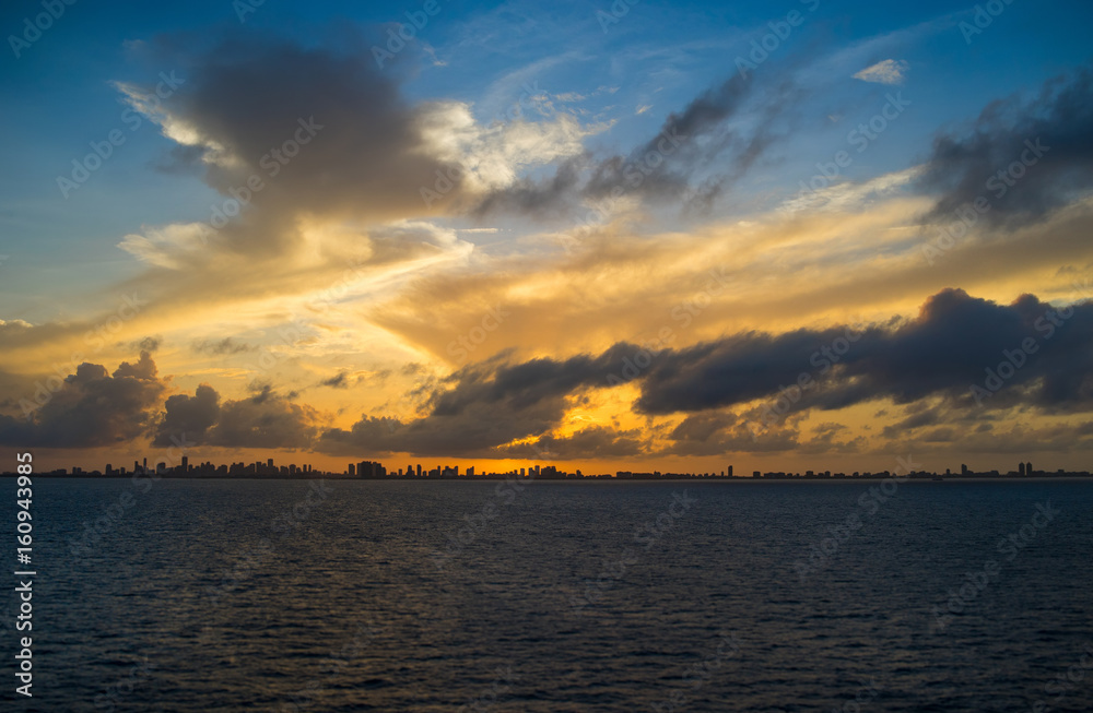 View of Miami at sunset from the sea