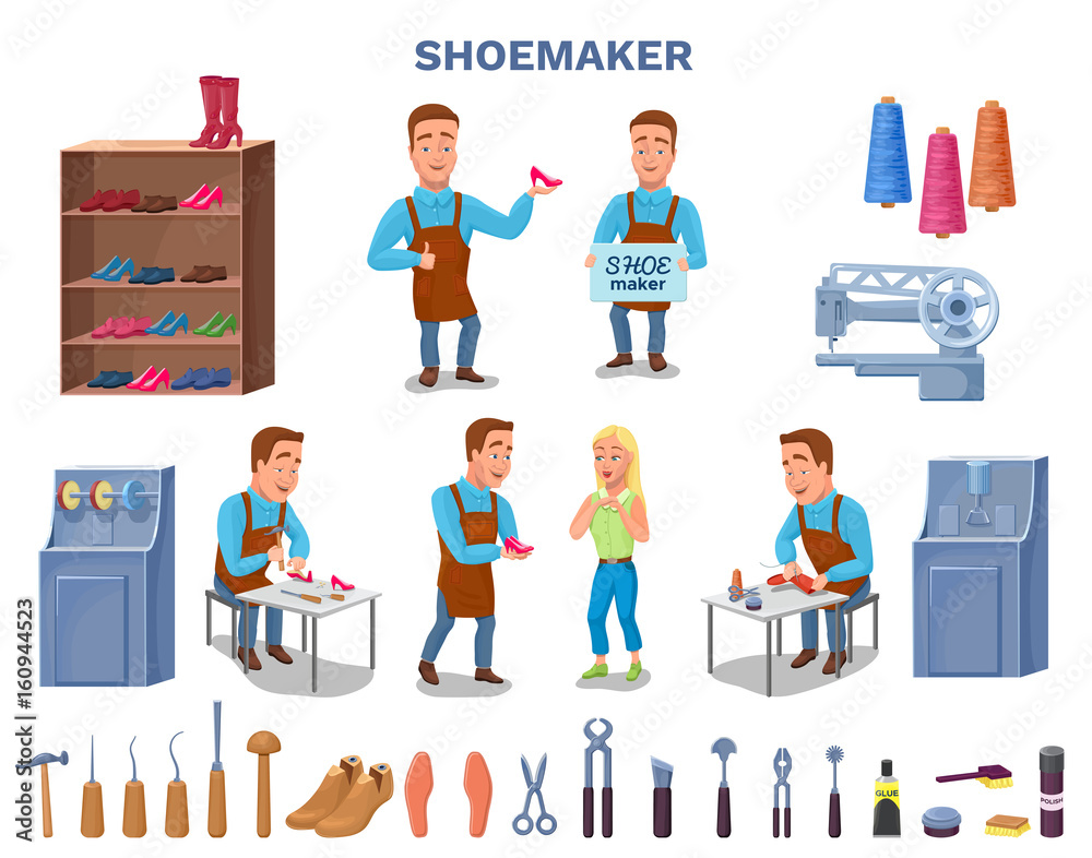Shoemaker cartoon character with cobbler tools set colorful vector