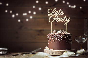 Chocolate birthday cake at a party