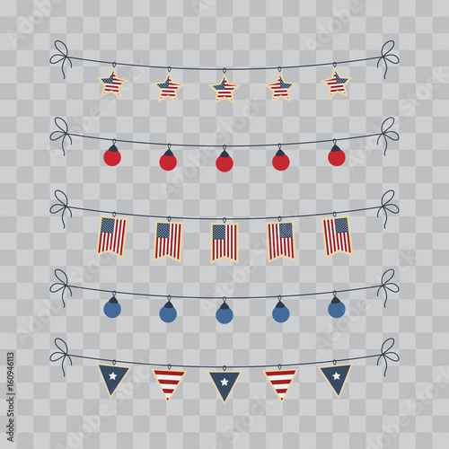 A set of design elements for Independence Day. 4th of July Objects, Element. Vector illustration isolated on transparent checkered.