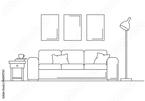 Modern interior. Sofa, floor lamp and bedside table. The clock hangs on the wall. In front of the sofa is a carpet. Vector illustration in a linear style.