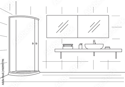 Bathroom. Shower, double mirror, worktop with sink. Vector illustration in a linear style.