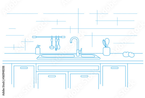 Kitchen worktop with sink. Linear vector illustration