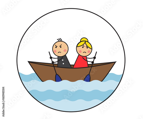 The cartoon couple is sitting in the dock and rowing in different directions. A picture symbolizes a dispute and the inability to accept the opinion of another person