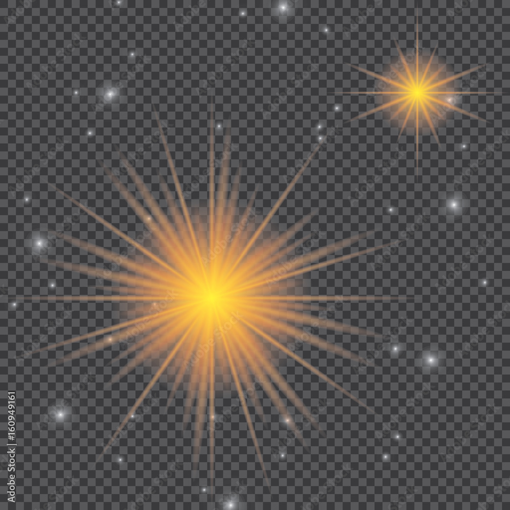 Set of golden glowing lights effects isolated on transparent background. Sun flash with rays and spotlight. Glow light effect. Star burst with sparkles. Set of golden glowing lights effects isolated on transparent background. Sun flash with rays and spotlight. Glow light effect. Star burst with sparkles.