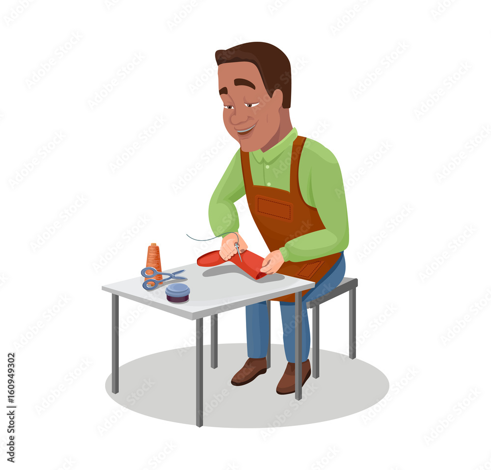 Shoemaker cartoon character indian black haired worker sewing shoes with  needles and threads vector illustration Stock Vector | Adobe Stock