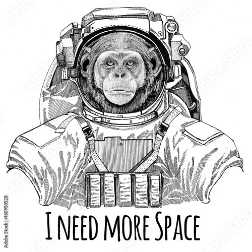 Chimpanzee Monkey wearing space suit Wild animal astronaut Spaceman Galaxy exploration Hand drawn illustration for t-shirt © helen_f