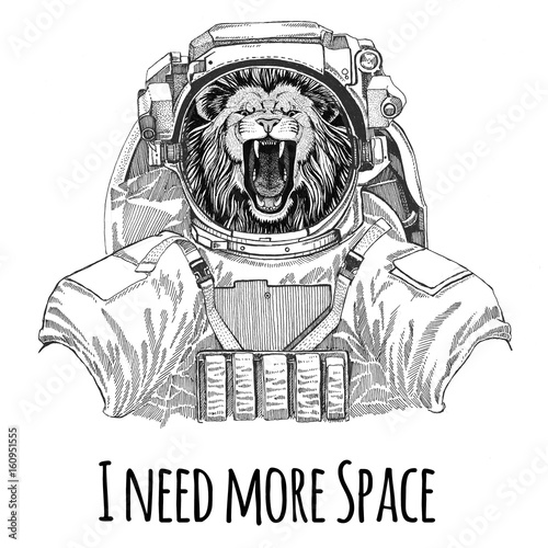 Lion wearing space suit Wild animal astronaut Spaceman Galaxy exploration Hand drawn illustration for t-shirt © helen_f