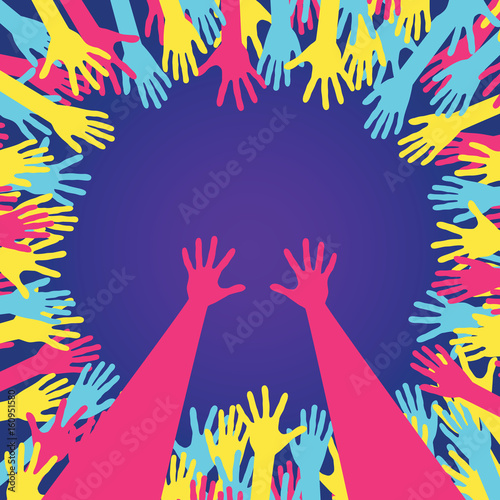 Concept of first purchase. Hands in circle with place in center for text. Concept of group of children, people and union. Waving hands in the fun event. Hand-voting in the crowd. Vector illustration