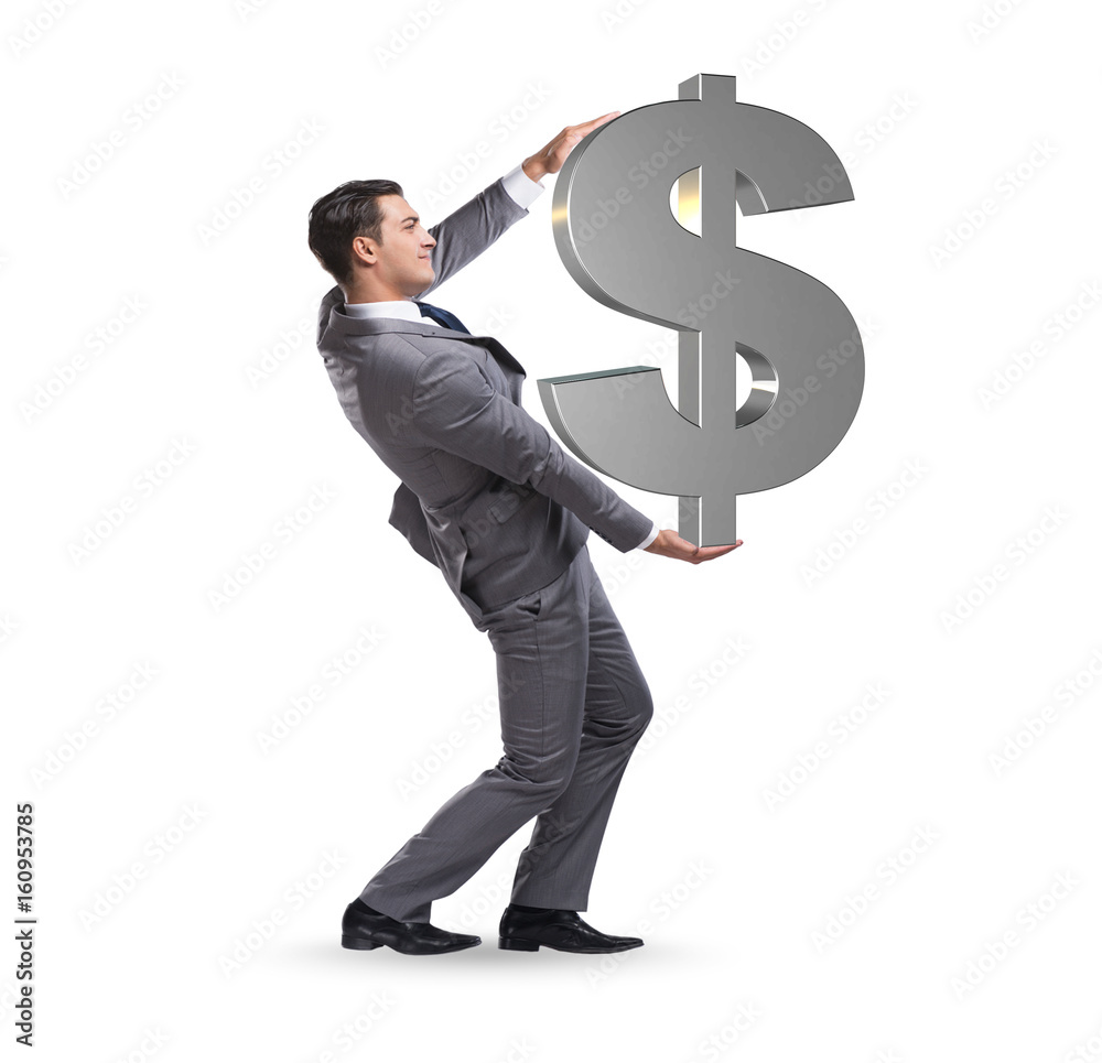 Businessman carrying dollar sign isolated on white Businessman carrying dollar sign isolated on white